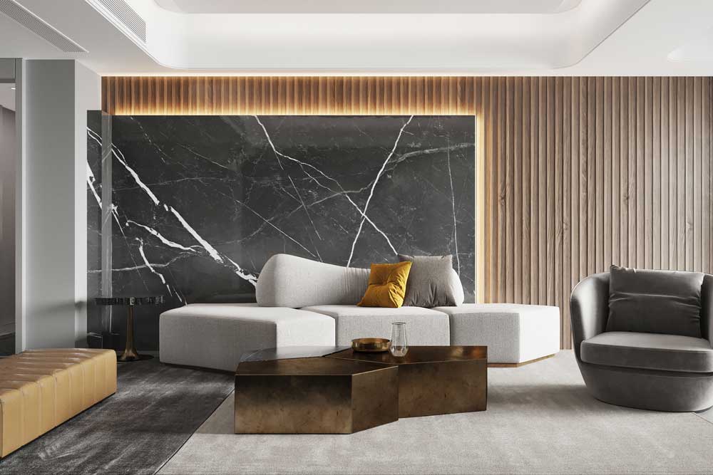 Salon avec mur en marbre noir